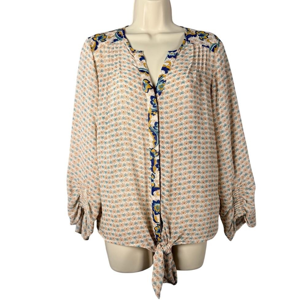 Democracy Blouse Medium Tan Turquoise Navy Floral Chiffon Tie Front Boho Chic